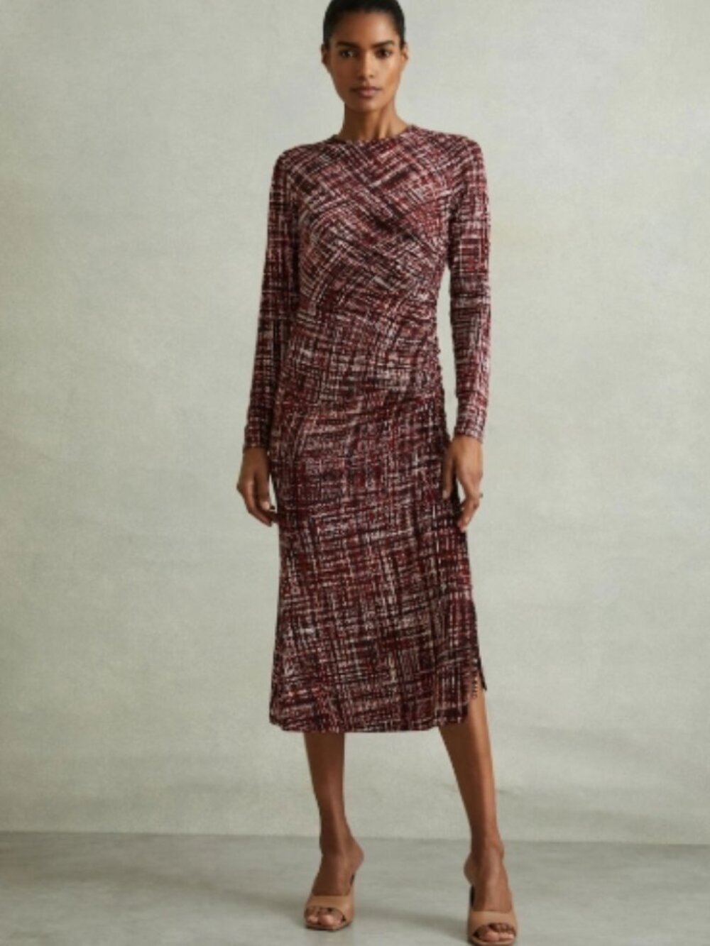 Reiss Red Riyo Printed Ruched Midi Dress – Size US S – NWT